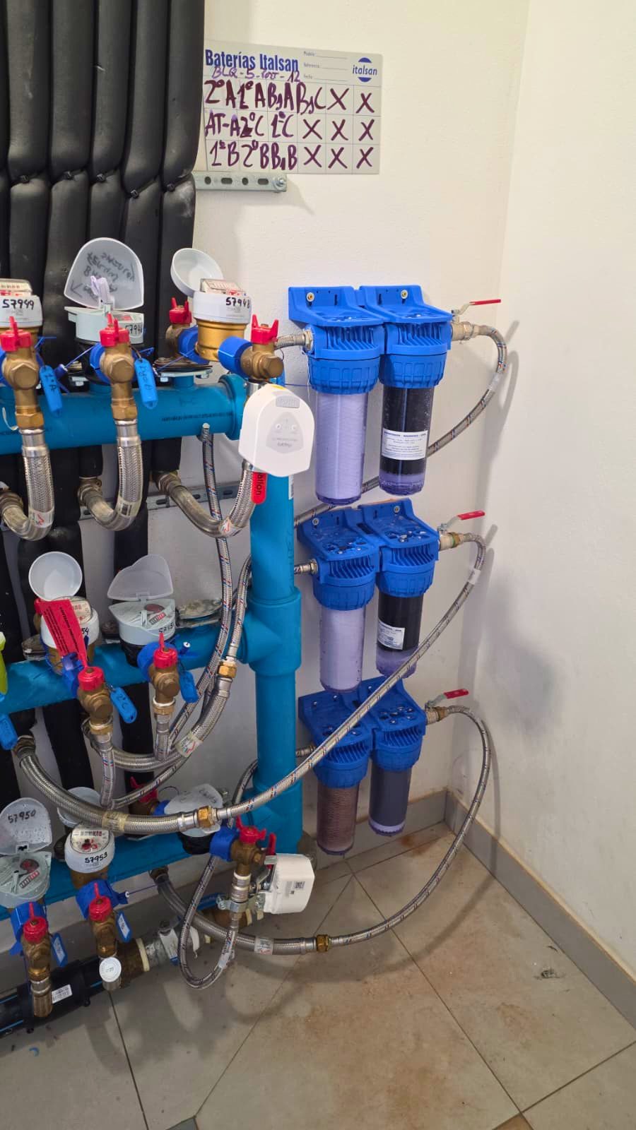 Two-stage water filter fitted at the mains inlet in a plant room, beside the building's water meters
