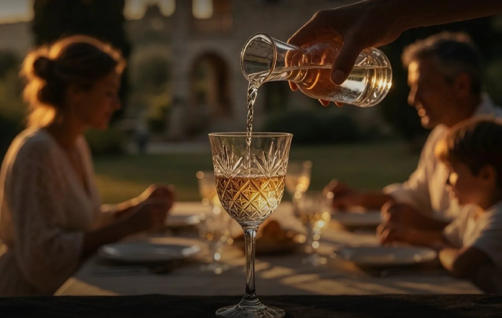 Water poured from a carafe into a crystal glass at a family table in the garden at sunset
