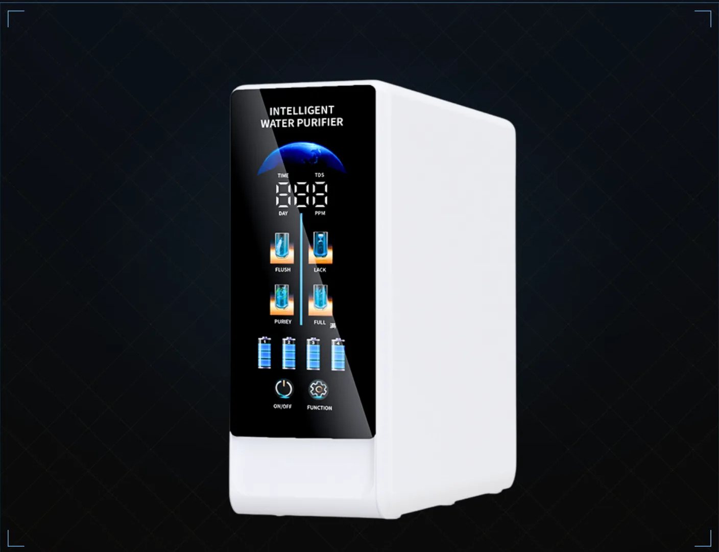 NovaHome tankless reverse-osmosis unit with a front panel showing filter status and the live TDS reading